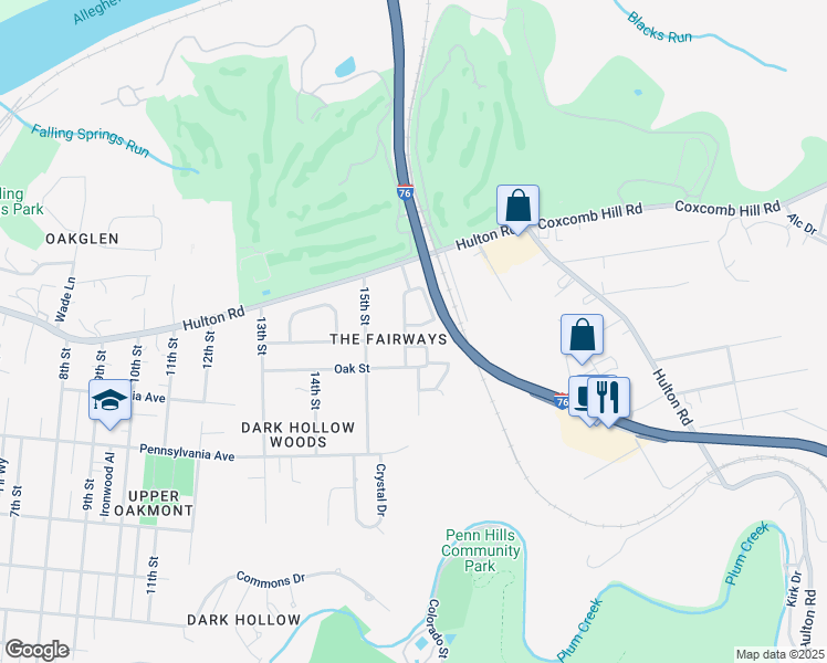 map of restaurants, bars, coffee shops, grocery stores, and more near 1504 Pinehurst Lane in Oakmont