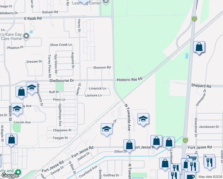 map of restaurants, bars, coffee shops, grocery stores, and more near 1406 O'Reilly Court in Normal