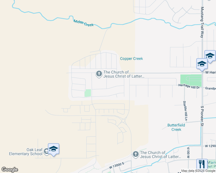 map of restaurants, bars, coffee shops, grocery stores, and more near 6536 Timberbrook Road in Herriman