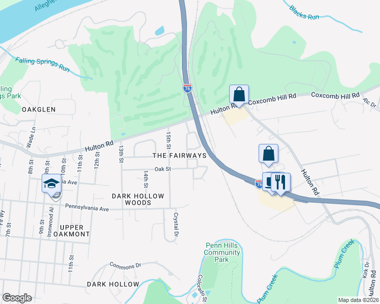 map of restaurants, bars, coffee shops, grocery stores, and more near 1500 Pinehurst Lane in Oakmont