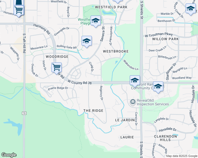 map of restaurants, bars, coffee shops, grocery stores, and more near 4501 Regency Drive in Fort Collins