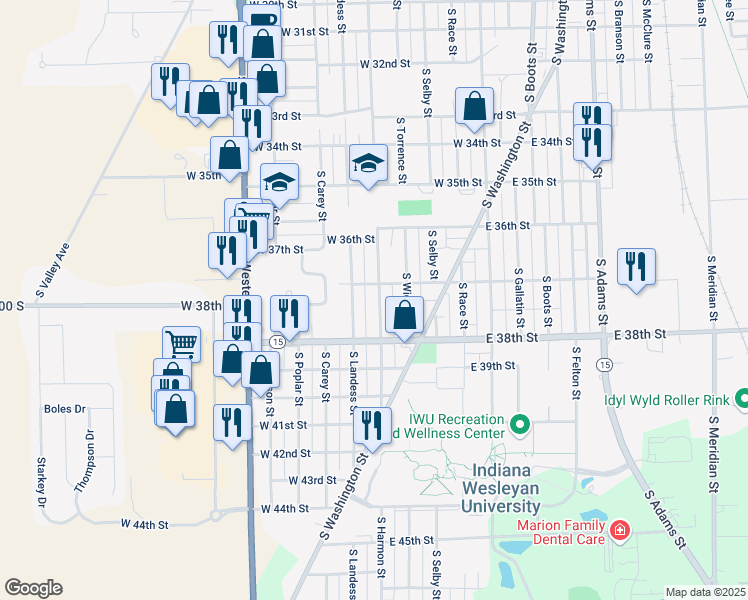 map of restaurants, bars, coffee shops, grocery stores, and more near 3716 South Harmon Street in Marion