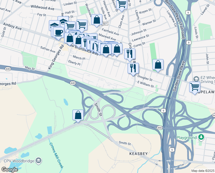 map of restaurants, bars, coffee shops, grocery stores, and more near 1206 Sunnyview Oval in Woodbridge Township
