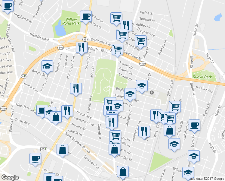 map of restaurants, bars, coffee shops, grocery stores, and more near 702 Amboy Avenue in Perth Amboy