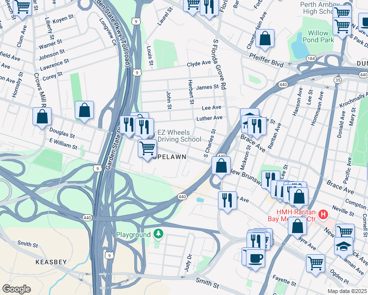 map of restaurants, bars, coffee shops, grocery stores, and more near 81 Juliette Street in Perth Amboy