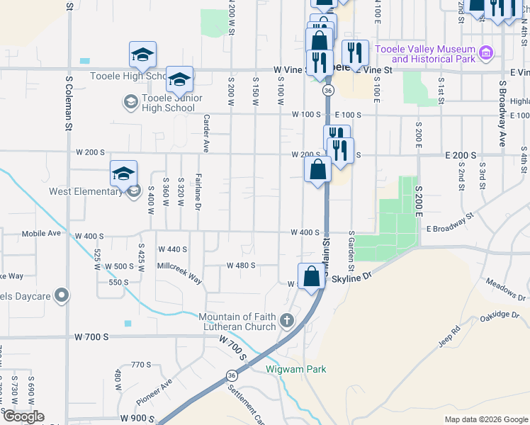 map of restaurants, bars, coffee shops, grocery stores, and more near 354 South 100 West in Tooele