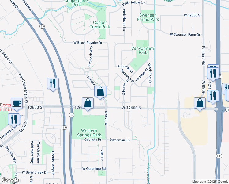 map of restaurants, bars, coffee shops, grocery stores, and more near 12508 South Mayan Street in Herriman