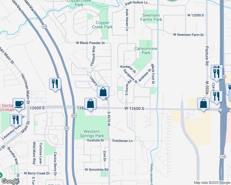 map of restaurants, bars, coffee shops, grocery stores, and more near 12508 South Mayan Street in Riverton