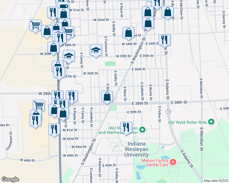 map of restaurants, bars, coffee shops, grocery stores, and more near 3715 South Washington Street in Marion