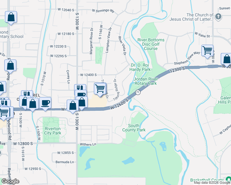 map of restaurants, bars, coffee shops, grocery stores, and more near 1062 Tithing View Court in Riverton