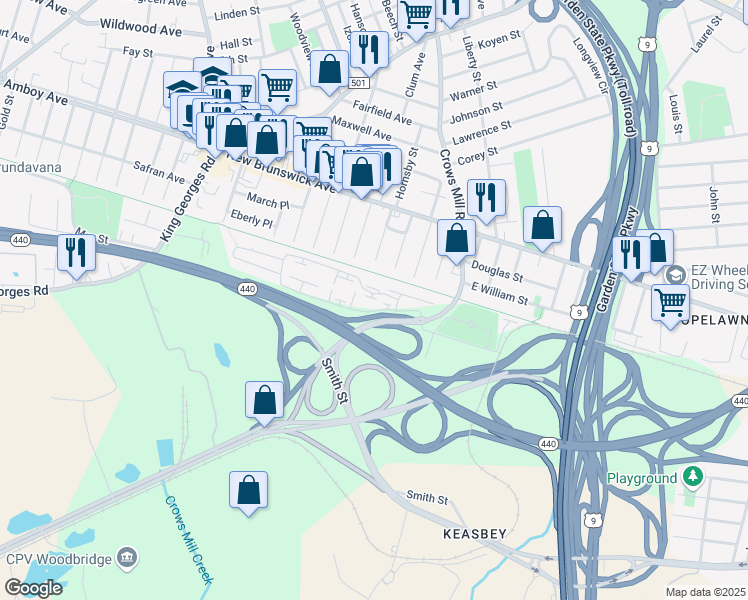 map of restaurants, bars, coffee shops, grocery stores, and more near 1020 Sunnyview Oval in Woodbridge Township