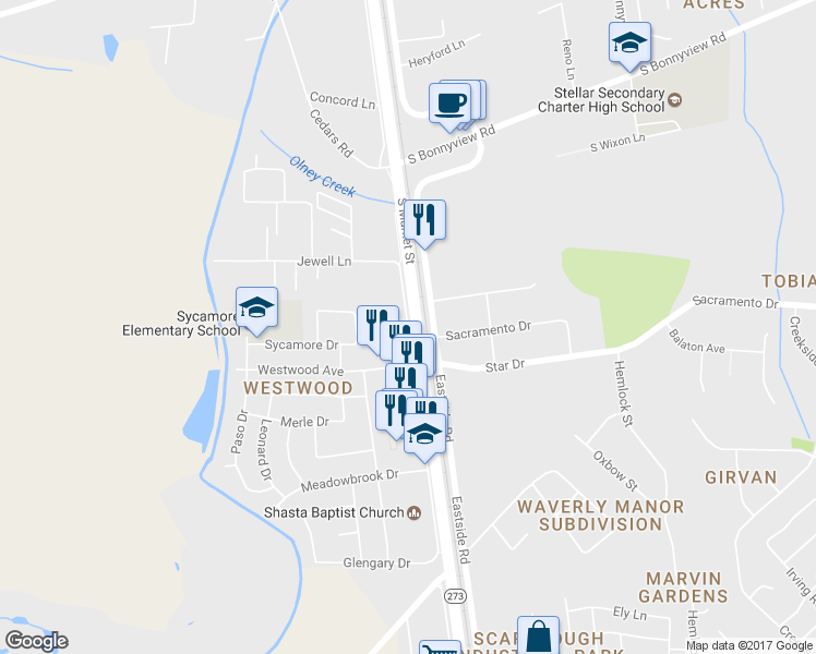 map of restaurants, bars, coffee shops, grocery stores, and more near 6246 Westside Road in Redding
