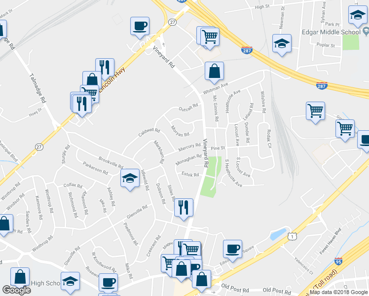 map of restaurants, bars, coffee shops, grocery stores, and more near 16 Mercury Road in Edison