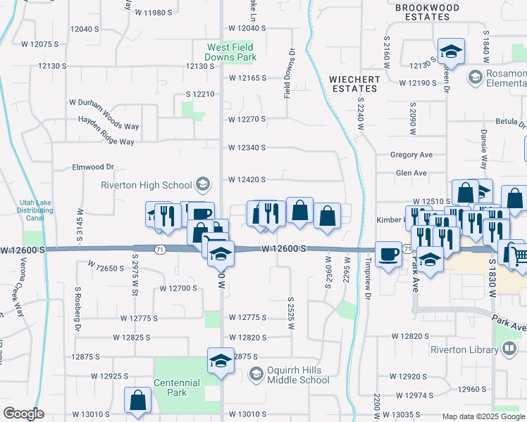 map of restaurants, bars, coffee shops, grocery stores, and more near 12501 Falls Creek Road in Riverton