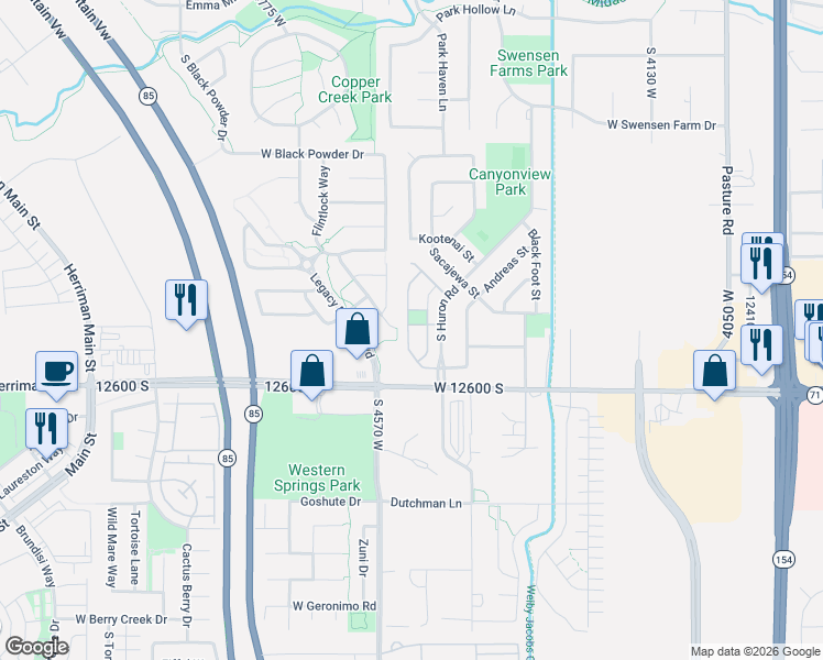 map of restaurants, bars, coffee shops, grocery stores, and more near 12508 Mayan Street in Riverton