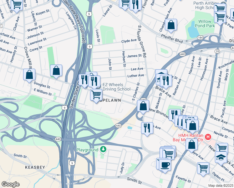 map of restaurants, bars, coffee shops, grocery stores, and more near 81 Juliette Street in Perth Amboy