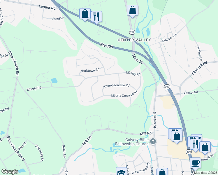 map of restaurants, bars, coffee shops, grocery stores, and more near 4130 Thompsondale Road in Coopersburg