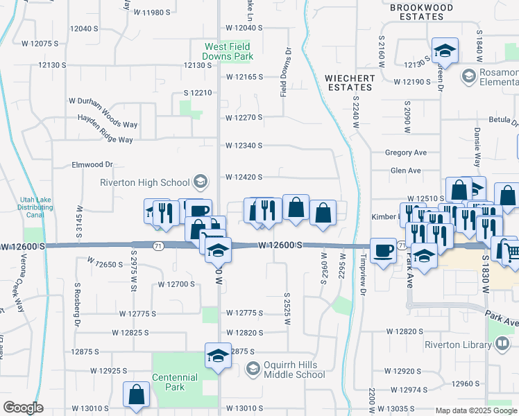 map of restaurants, bars, coffee shops, grocery stores, and more near 12501 Falls Creek Road in Riverton
