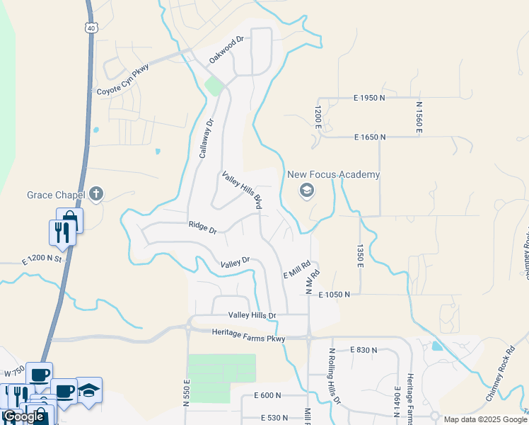 map of restaurants, bars, coffee shops, grocery stores, and more near 1260 Valley Hills Boulevard in Heber City