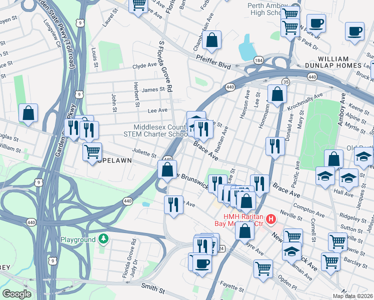 map of restaurants, bars, coffee shops, grocery stores, and more near 574 Hazel Avenue in Perth Amboy