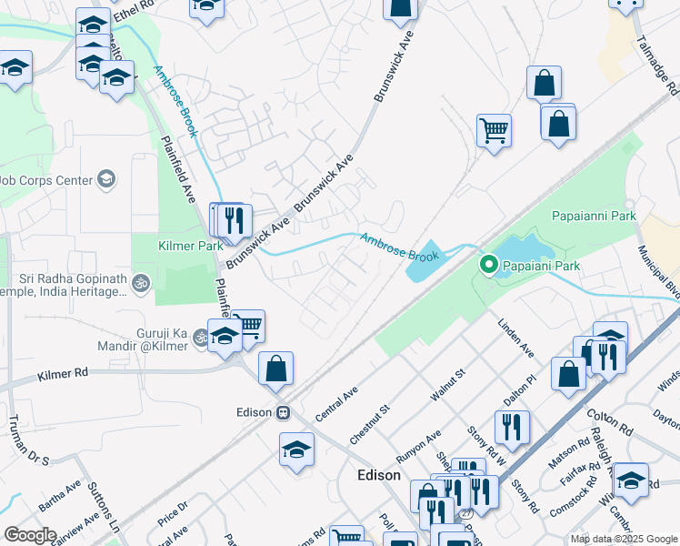 map of restaurants, bars, coffee shops, grocery stores, and more near 1423 Raspberry Court in Edison