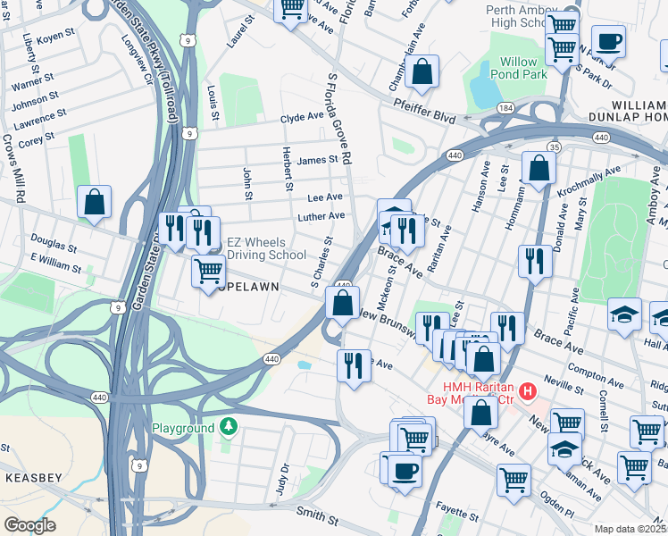 map of restaurants, bars, coffee shops, grocery stores, and more near 17 Loretta Street in Perth Amboy