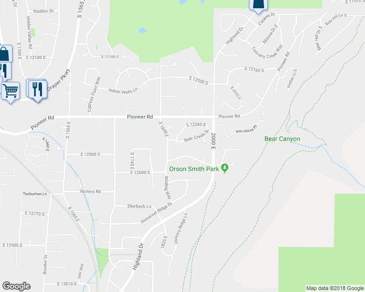 map of restaurants, bars, coffee shops, grocery stores, and more near 1908 Bear Creek Drive in Draper
