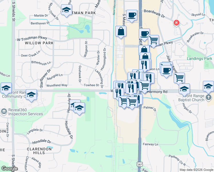 map of restaurants, bars, coffee shops, grocery stores, and more near 4560 Larkbunting Drive in Fort Collins