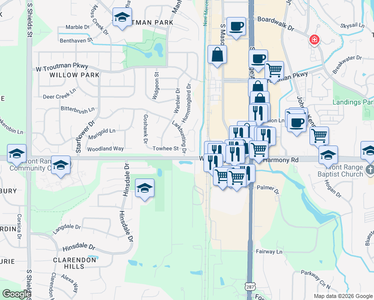 map of restaurants, bars, coffee shops, grocery stores, and more near 4560 Larkbunting Drive in Fort Collins