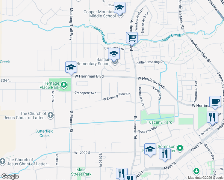 map of restaurants, bars, coffee shops, grocery stores, and more near 12499 Cheval Court in Herriman