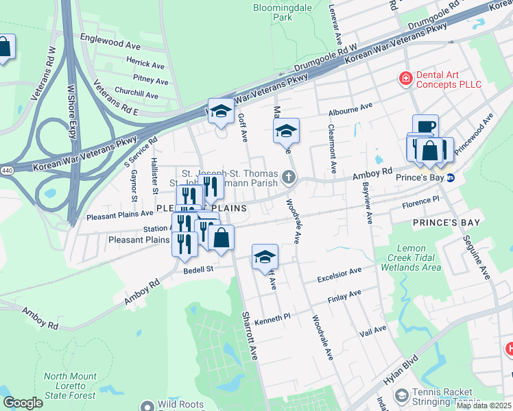 map of restaurants, bars, coffee shops, grocery stores, and more near 6192 Amboy Road in Staten Island