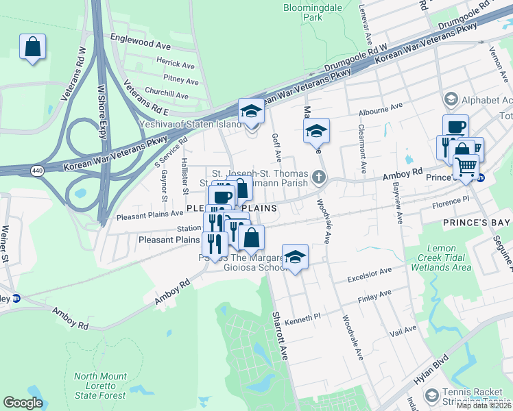 map of restaurants, bars, coffee shops, grocery stores, and more near 6232 Amboy Road in Staten Island