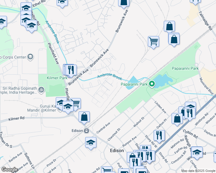 map of restaurants, bars, coffee shops, grocery stores, and more near 1640 Raspberry Court in Edison