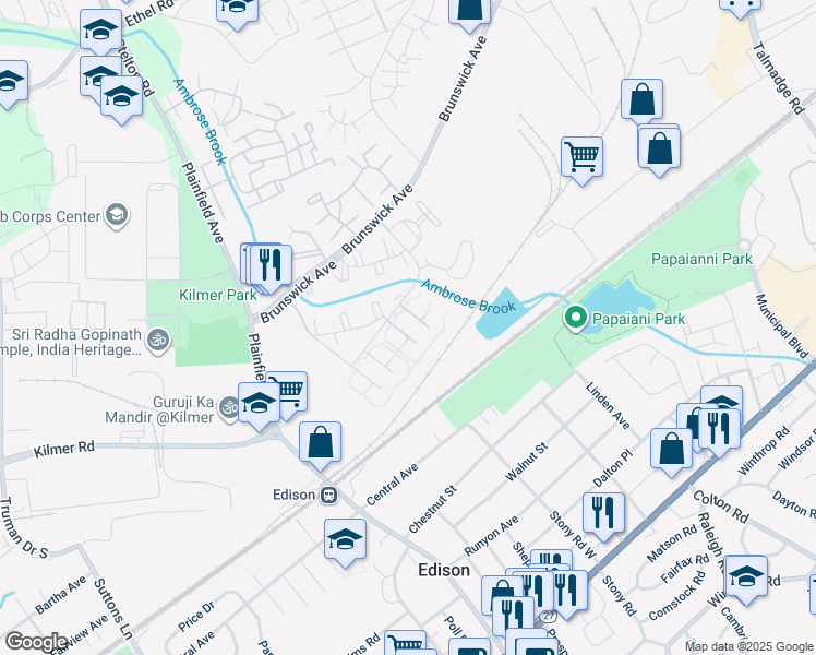 map of restaurants, bars, coffee shops, grocery stores, and more near 1640 Raspberry Court in Edison