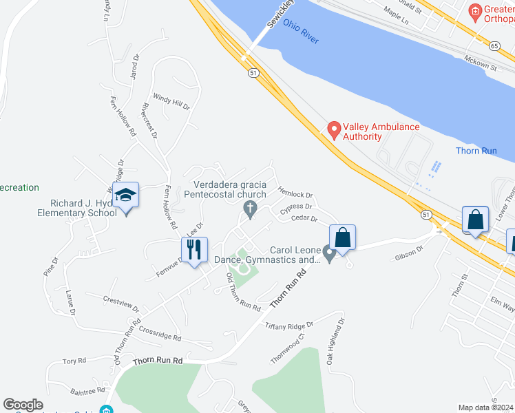 map of restaurants, bars, coffee shops, grocery stores, and more near 220 Sycamore Drive in Coraopolis
