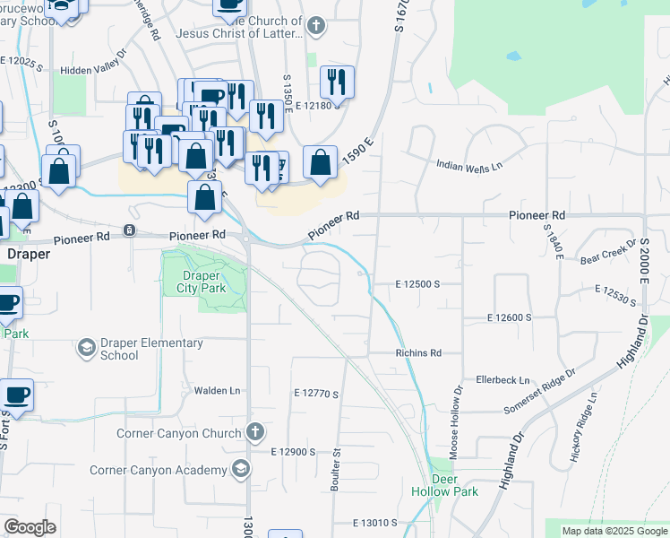 map of restaurants, bars, coffee shops, grocery stores, and more near 1453 East 12430 South in Draper