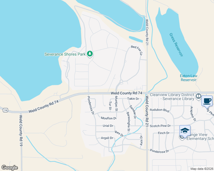 map of restaurants, bars, coffee shops, grocery stores, and more near 1403 Fox Ridge Parkway in Severance