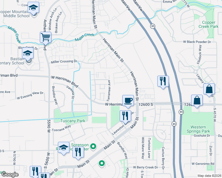 map of restaurants, bars, coffee shops, grocery stores, and more near 12506 Terrameer Avenue in Herriman