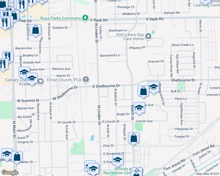 map of restaurants, bars, coffee shops, grocery stores, and more near 1206 North Oak Street in Normal