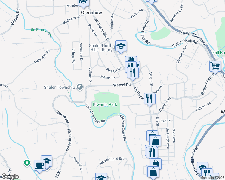 map of restaurants, bars, coffee shops, grocery stores, and more near 115 Wetzel Road in Glenshaw
