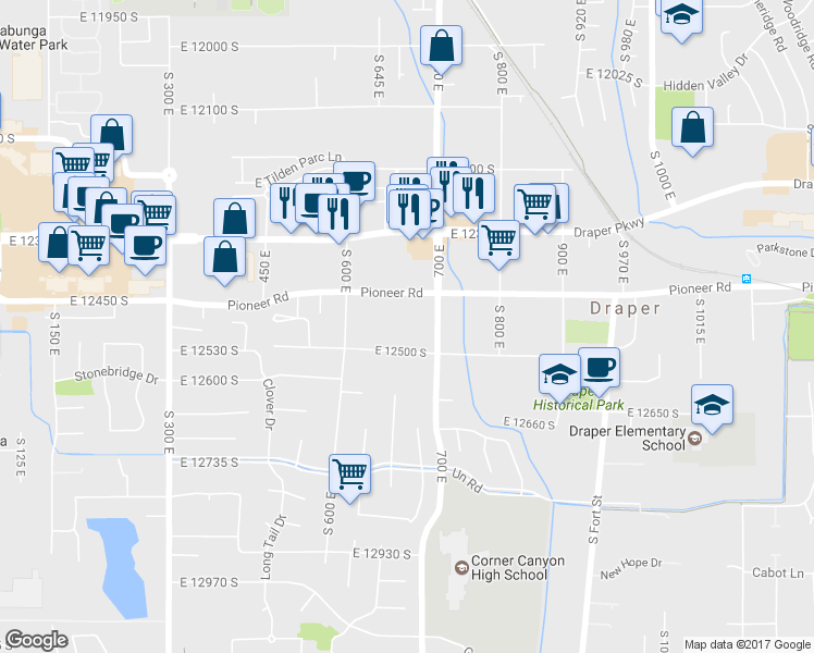map of restaurants, bars, coffee shops, grocery stores, and more near 12464 South 700 East in Draper