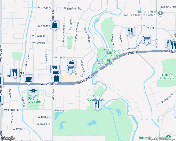 map of restaurants, bars, coffee shops, grocery stores, and more near 12518 Tithing Point Drive in Riverton