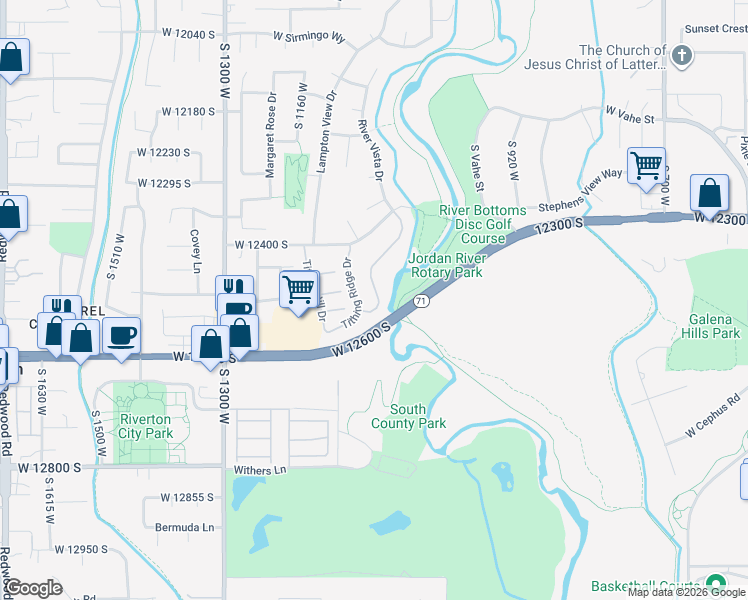 map of restaurants, bars, coffee shops, grocery stores, and more near 12518 Tithing Point Drive in Riverton