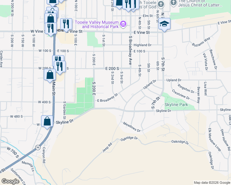 map of restaurants, bars, coffee shops, grocery stores, and more near 325 South 2nd Street in Tooele