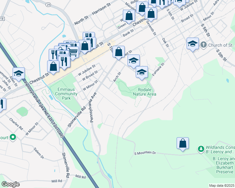 map of restaurants, bars, coffee shops, grocery stores, and more near 335 South Twelfth Street in Emmaus