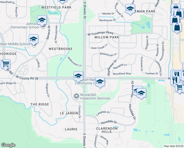 map of restaurants, bars, coffee shops, grocery stores, and more near 1025 Wakerobin Lane in Fort Collins