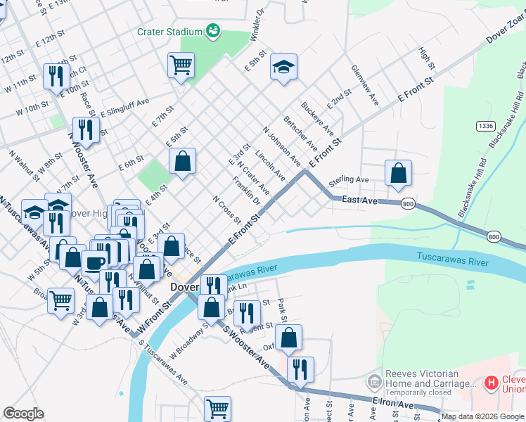 map of restaurants, bars, coffee shops, grocery stores, and more near 437 East Front Street in Dover