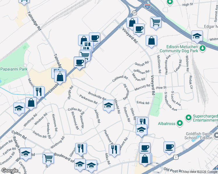 map of restaurants, bars, coffee shops, grocery stores, and more near 48 Caldwell Road in Edison