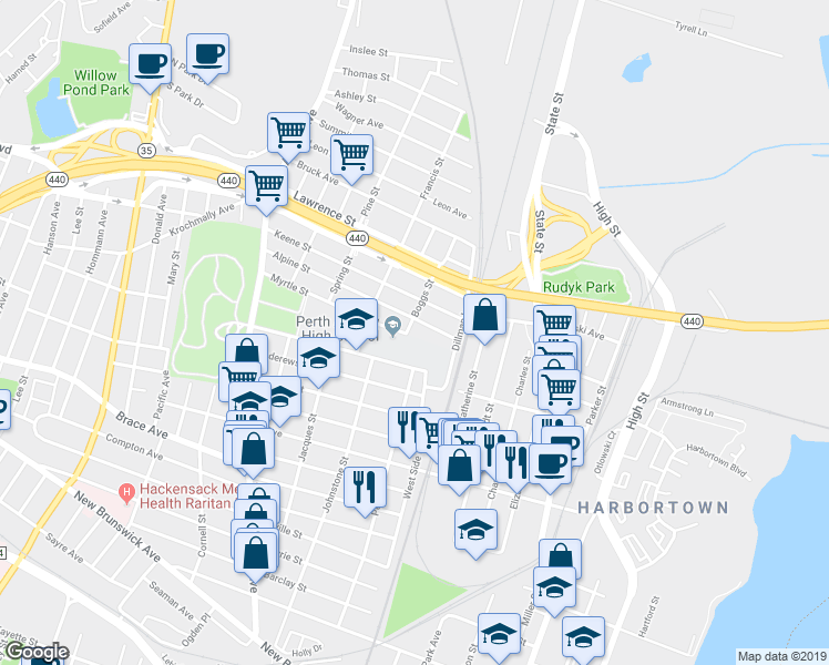 map of restaurants, bars, coffee shops, grocery stores, and more near 768 Boggs Street in Perth Amboy