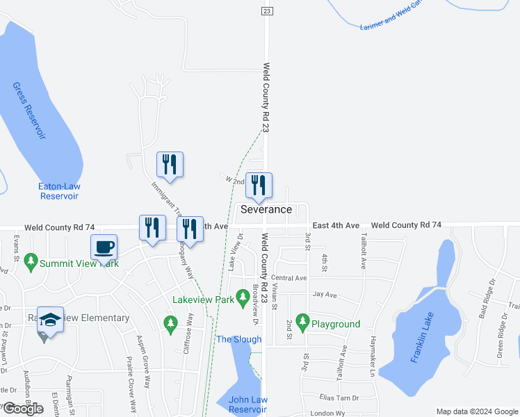 map of restaurants, bars, coffee shops, grocery stores, and more near 123 1st St in Severance